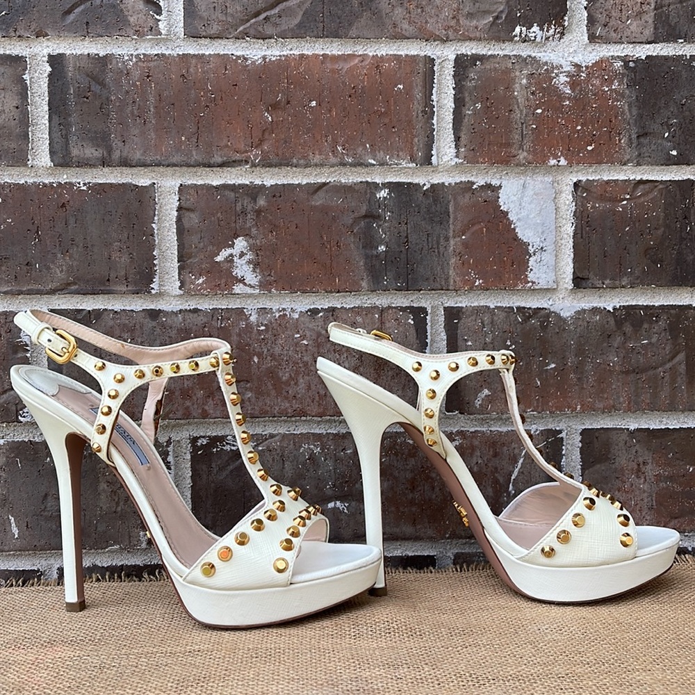 PRADA Saffiano Leather Studded Platform Sandals 38 - Picture 6 of 11